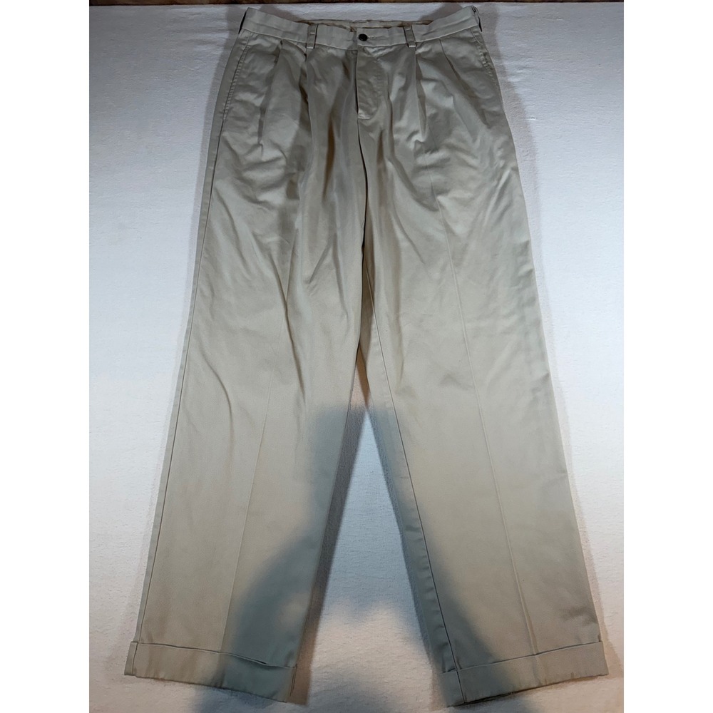 Brooks Brothers Mens Pleated Chino Pants Khaki Tan 100% Cotton Cuffed W35 L32